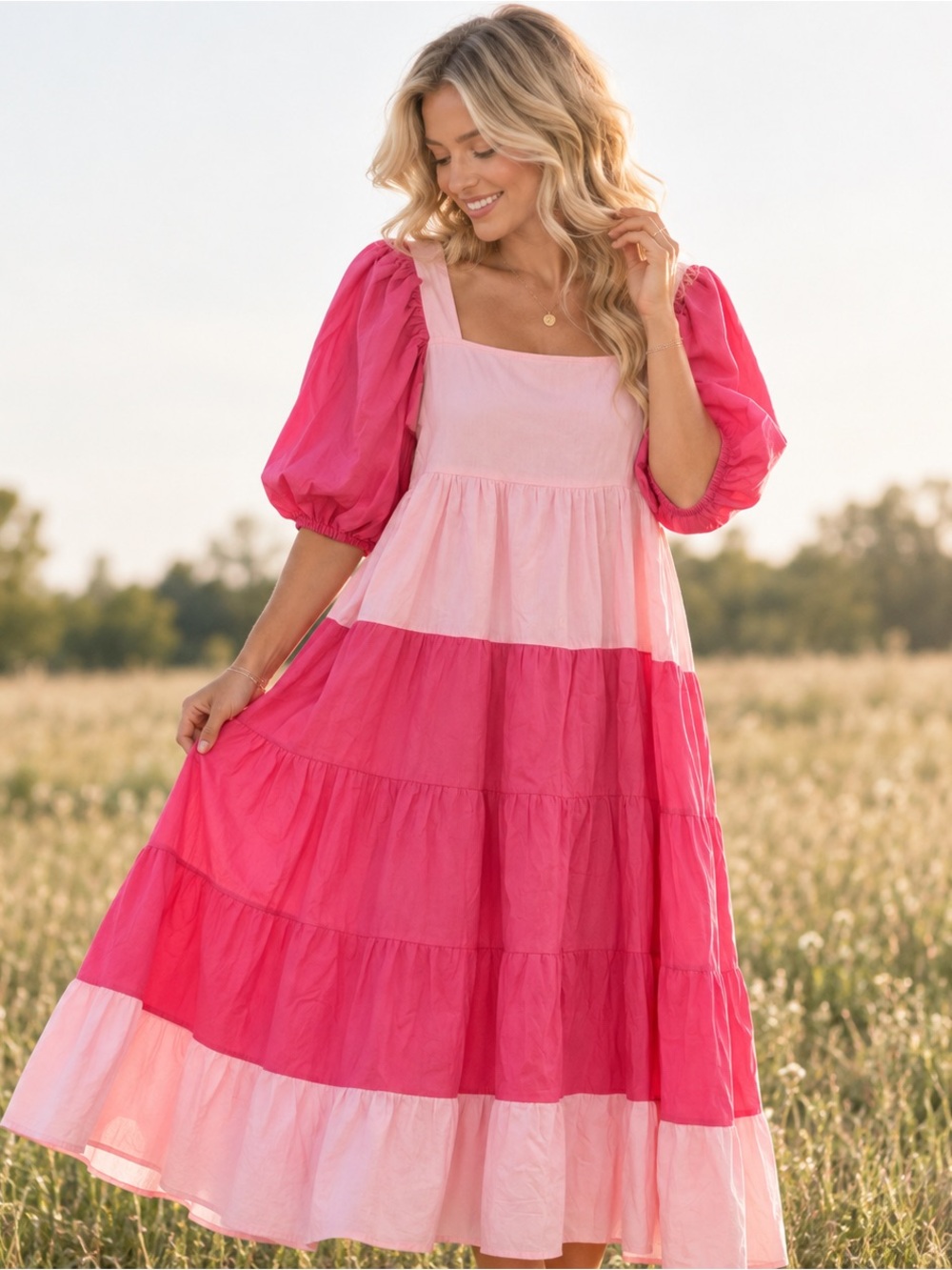 Victoria Dunn Cotton Pink Tiered Oversized Dress Puff Sleeves Romantic Size Med